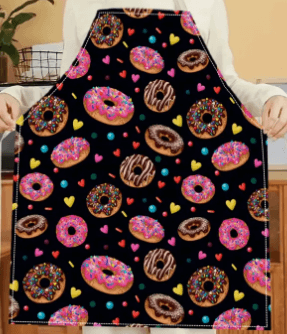 Apron Donut And Hearts Apron with colorful donuts and hearts pattern for baking joy in the kitchen.