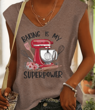 T-Shirt Baking Is My Superpower T-Shirt featuring a mixer and baking tools on a stylish top.