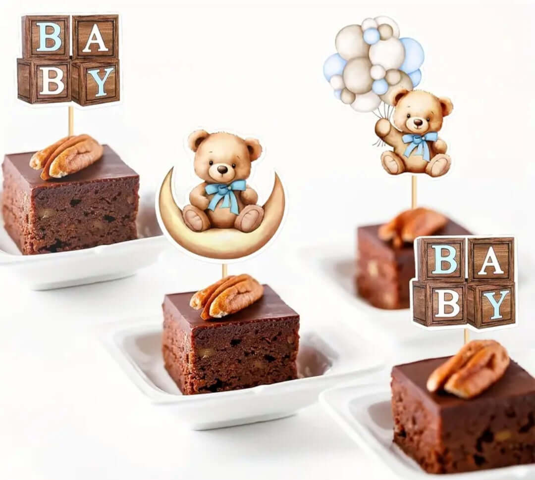 Cupcake Toppers Adorable Boy Teddy Bear Baby Shower - Party Decor on delicious brownies for sweet celebrations.