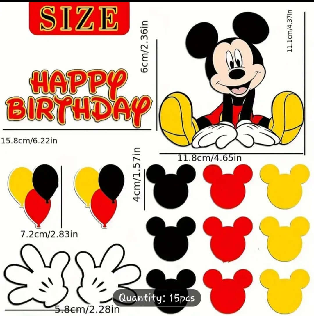 Cake Topper Mickey Mouse Cake Topper set featuring colorful decorations for birthday celebrations, including Mickey and balloons.