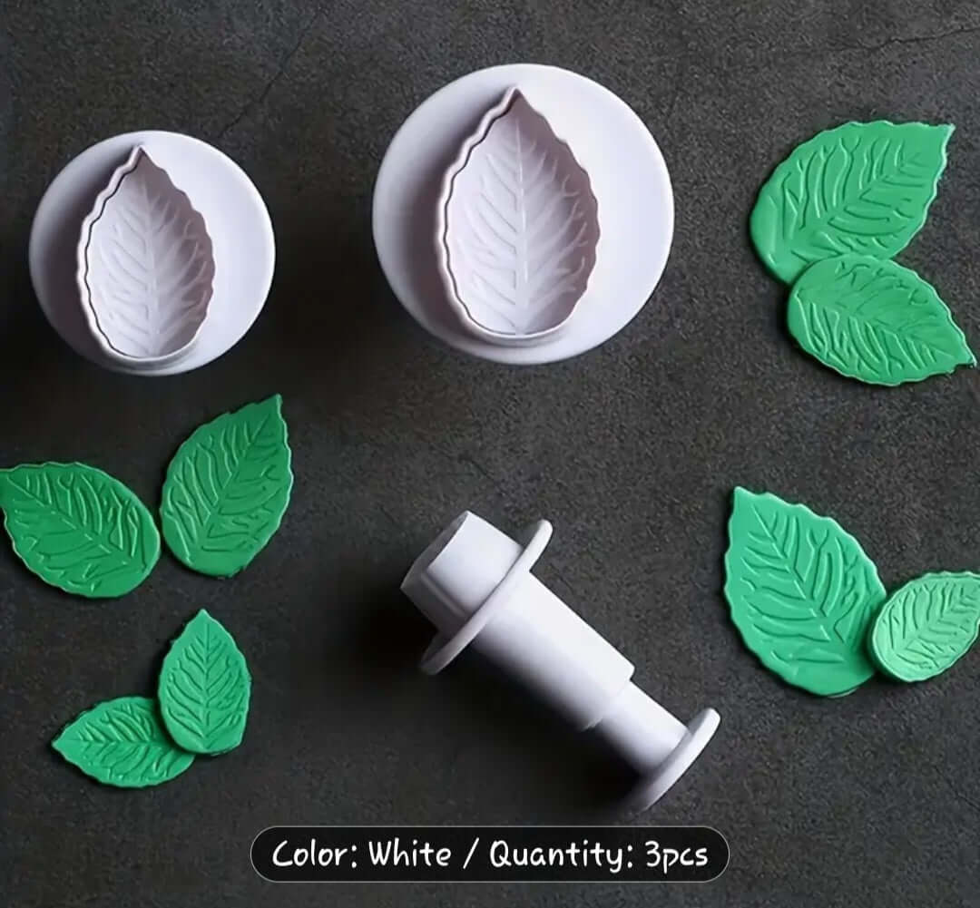 Cutters Rose Leaf Cutter Set - 3 Pieces, featuring realistic leaf shapes perfect for cake decorating and creating beautiful floral accents.