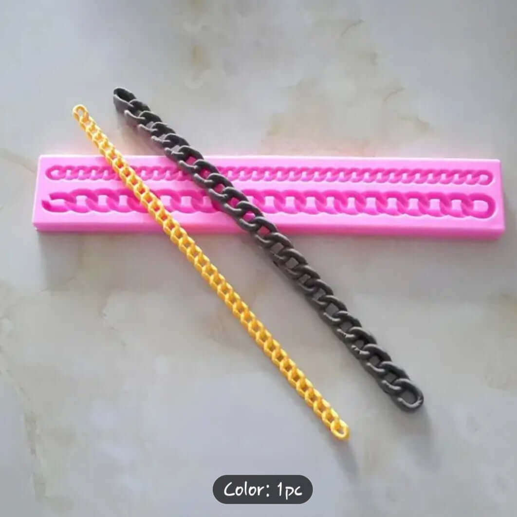 Silicone Mold Chain Mold - Perfect for Edible Jewelry Decor showing flexible pink mold and two colored chain designs.