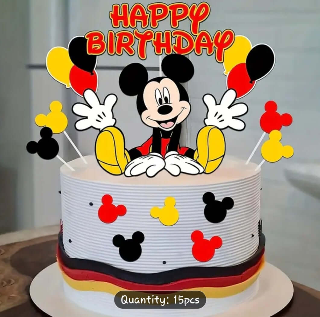 Cake Topper Mickey Mouse Cake Topper on a festive birthday cake with colorful balloons and fun decorations.