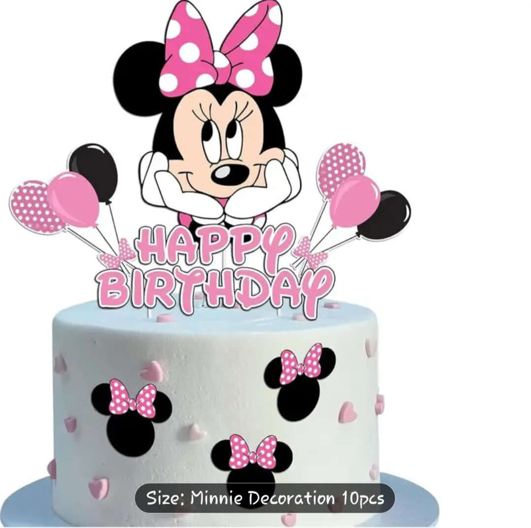 Cake Topper Adorable Minnie Mouse Cake Topper Set - Disney Party Decorations on a birthday cake with pink accents.