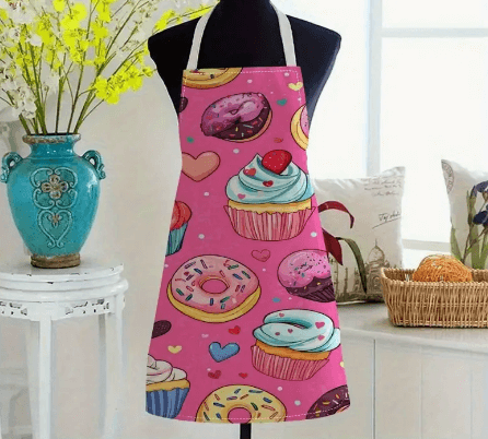 Apron Sweet Treats A3 featuring vibrant donuts and cupcakes in a colorful design, perfect for baking enthusiasts.