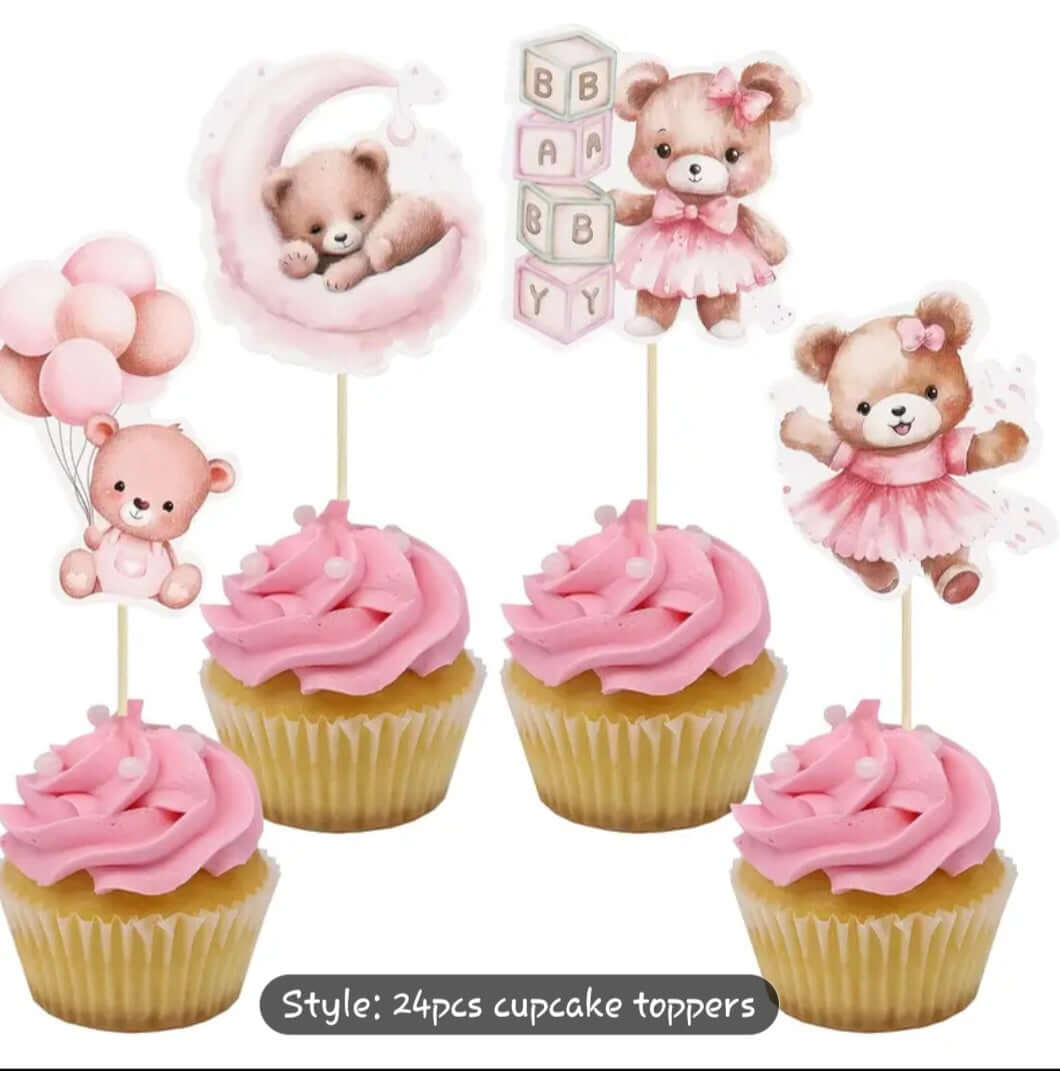 Cupcake Topper Pink Teddy Bear Baby Shower Toppers - Sweet Girl Party Decor with pink cupcakes and adorable bear designs.