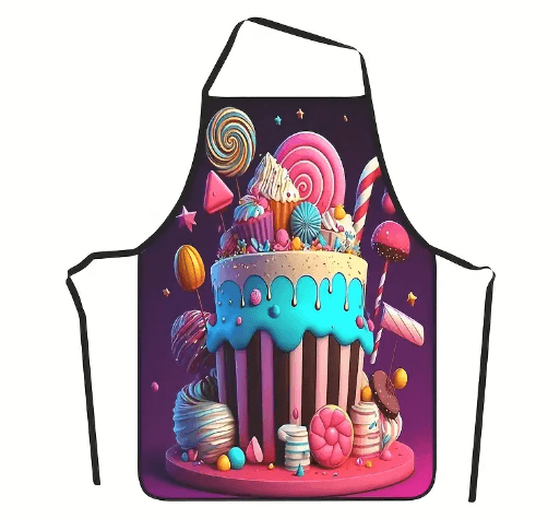 Apron Fun Dessert Apron  A2 featuring a vibrant cake adorned with colorful candies and sweets.