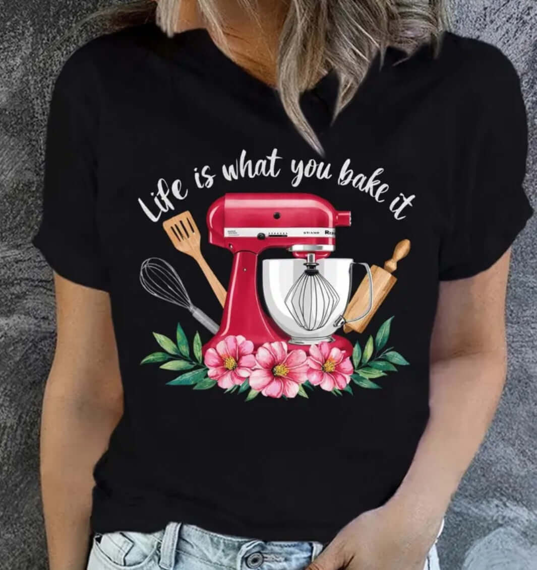 T-Shirt Life Is What You Bake It T Shirt featuring a red mixer and baking tools, perfect for bakers and baking enthusiasts.