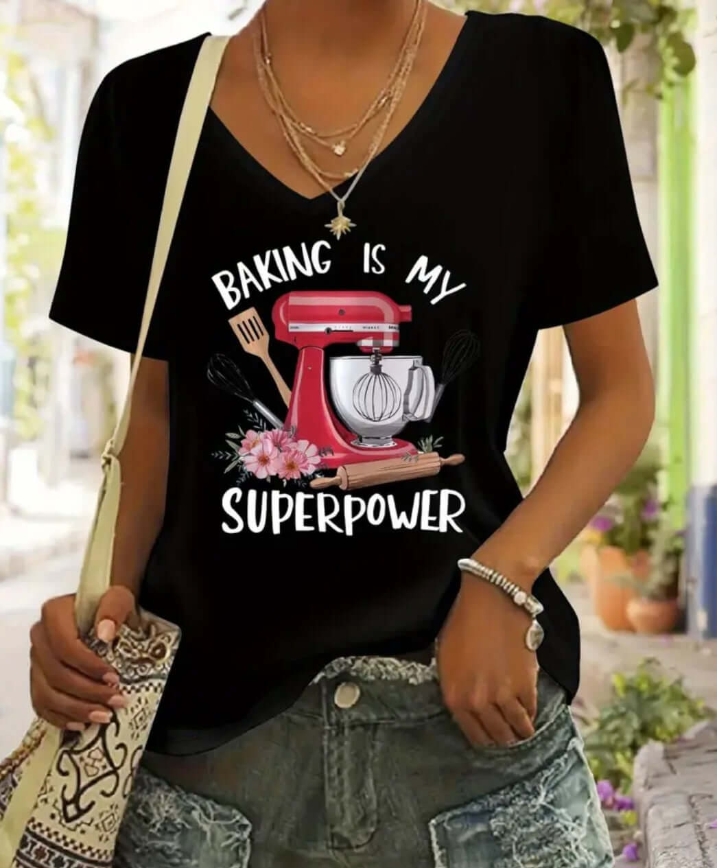 T-Shirt Baking Is My Super Power T Shirt featuring a mixer and baking utensils, perfect for passionate home bakers.