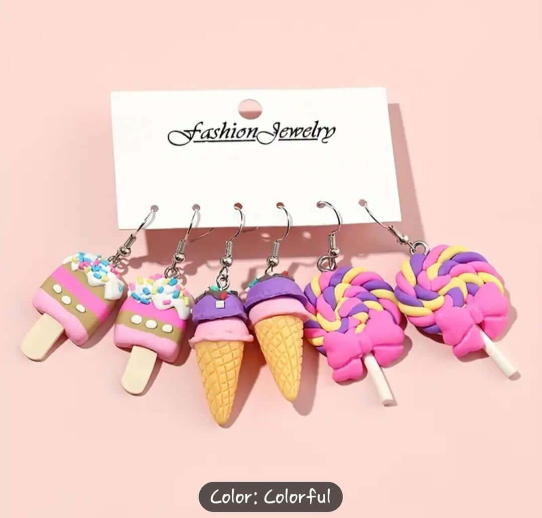 Jewelry Set Of 3 Ice Cream Design Earrings featuring colorful ice cream and candy designs, perfect for young girls.