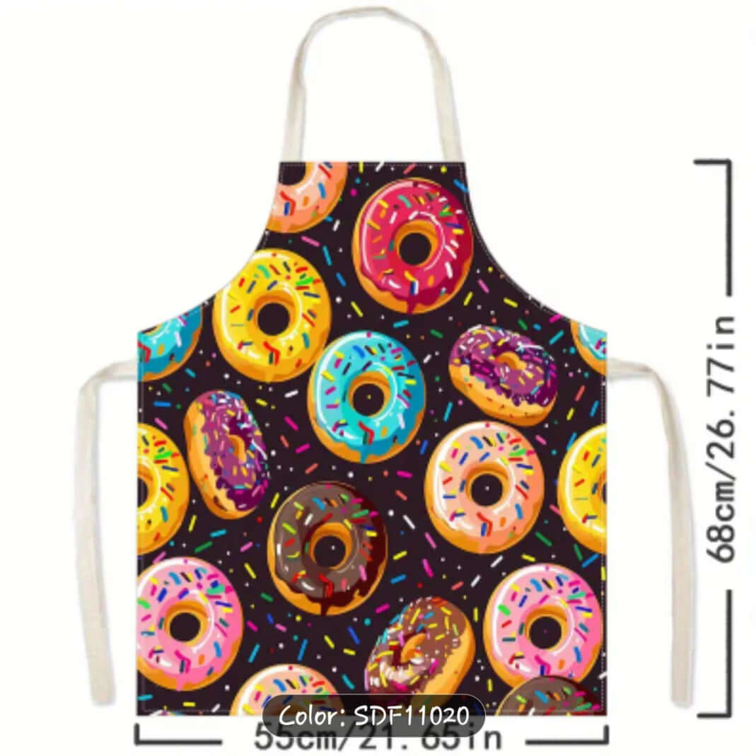 Apron Fun Donut Apron A1 featuring colorful donuts and sprinkles, perfect for cake decorating and fun kitchen adventures.