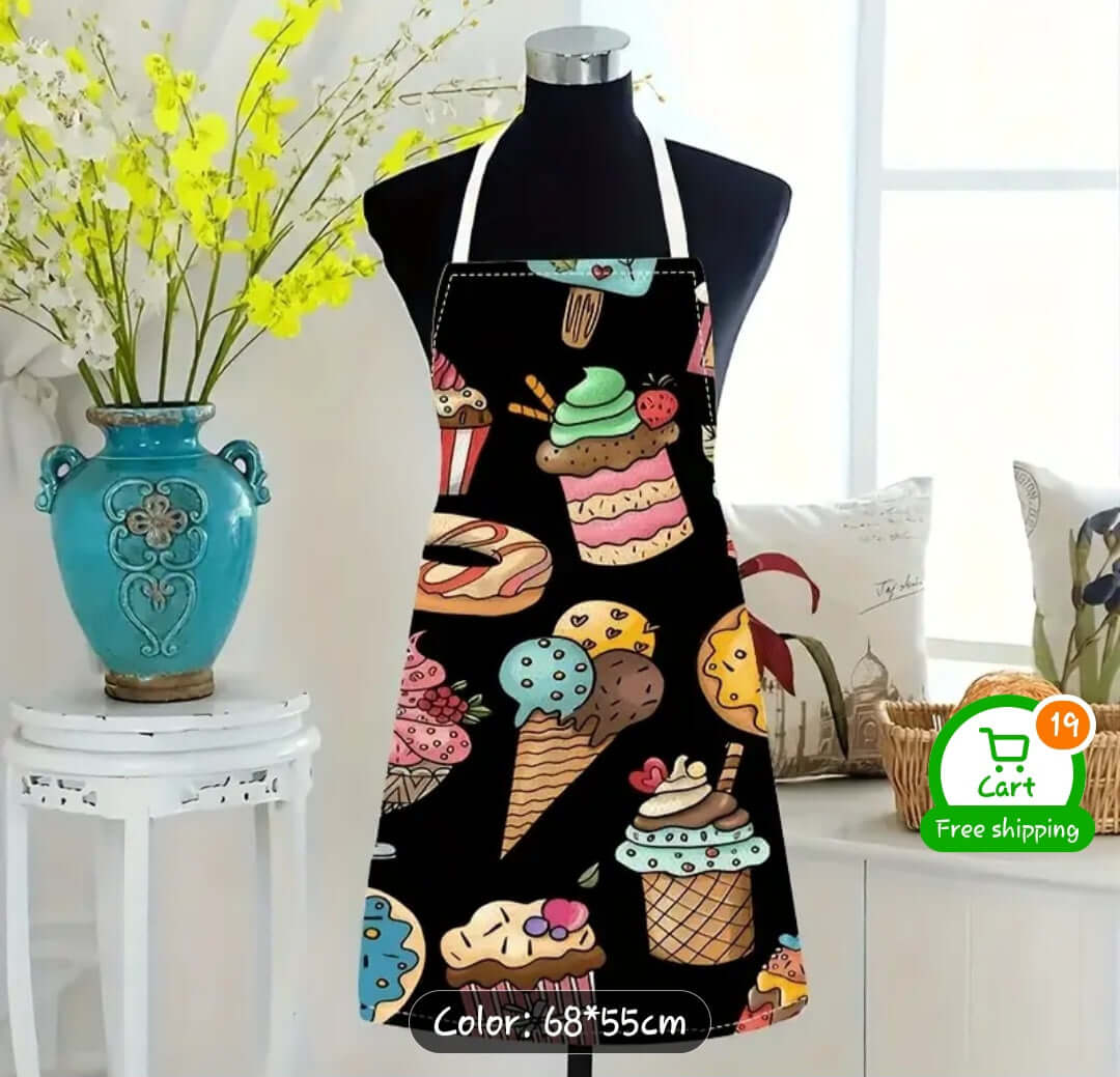 Apron Ice Cream Cake Apron A4 featuring colorful desserts like ice cream and cakes for a fun kitchen experience.