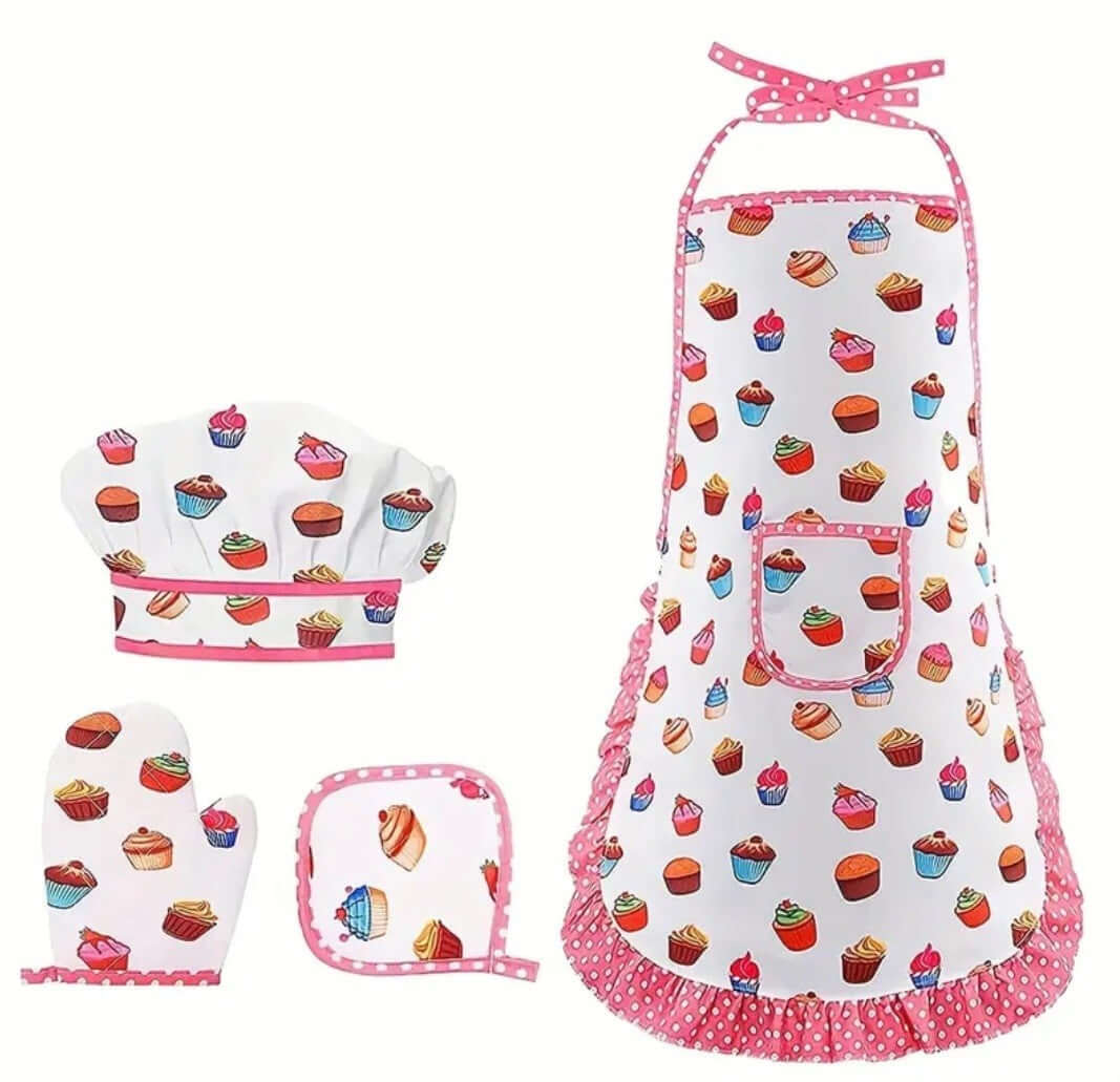 Apron Little Girl's Apron Set with pink cupcake design, includes apron, chef hat, oven mitt, and pot holder.
