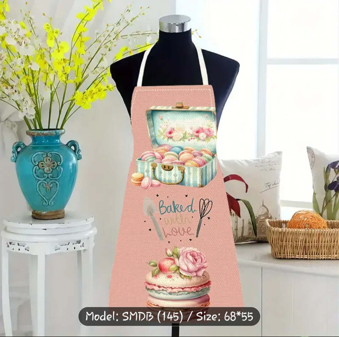 Apron Vintage Macaron Apron A8 with pastel macarons and vintage cake illustration, perfect for cake decorating.