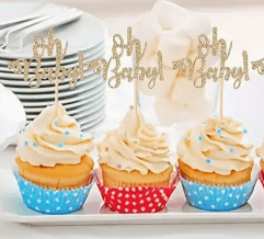 Cupcake Toppers Oh Baby Cupcake Toppers on colorful cupcakes, perfect for baby shower celebrations and cake decorating.