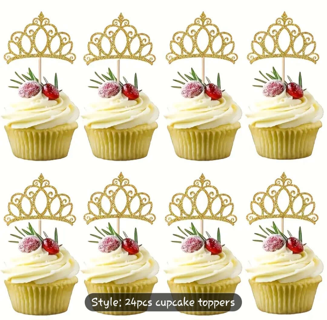 Royal Princess Crown Cupcake Toppers - 24 Pack Party Magic displayed on gourmet cupcakes with frosting and decorations.