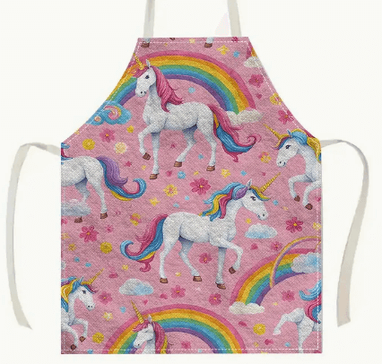 Apron Unicorn Apron A7 featuring a vibrant unicorn design with rainbows and flowers, perfect for magical baking adventures.