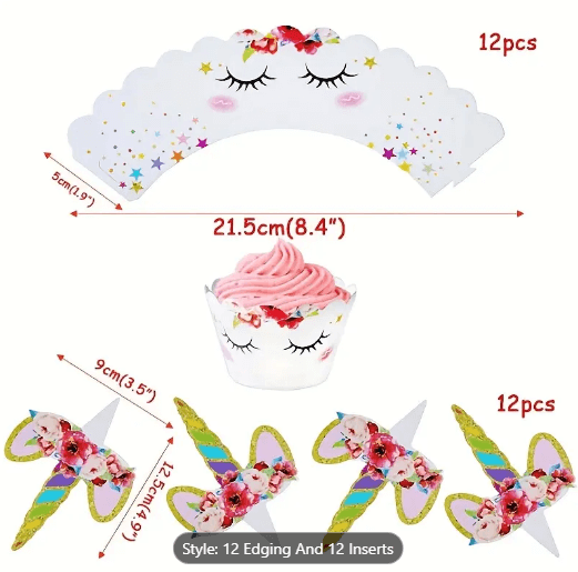 Cupcake Toppers Unicorn Cupcake Cases and Cupcake Toppers set with 12 edging and 12 inserts for delightful decorating.