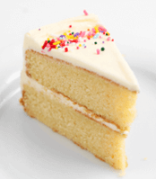 Slice of vanilla cake with frosting and colorful sprinkles, perfect for birthdays and celebrations.