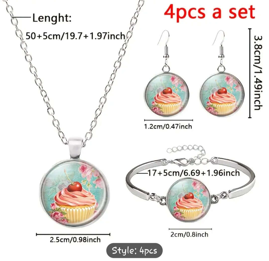 Jewelry Vintage Cupcake Jewelry Set featuring necklace, earrings, and bracelet with cupcake design and floral accents.